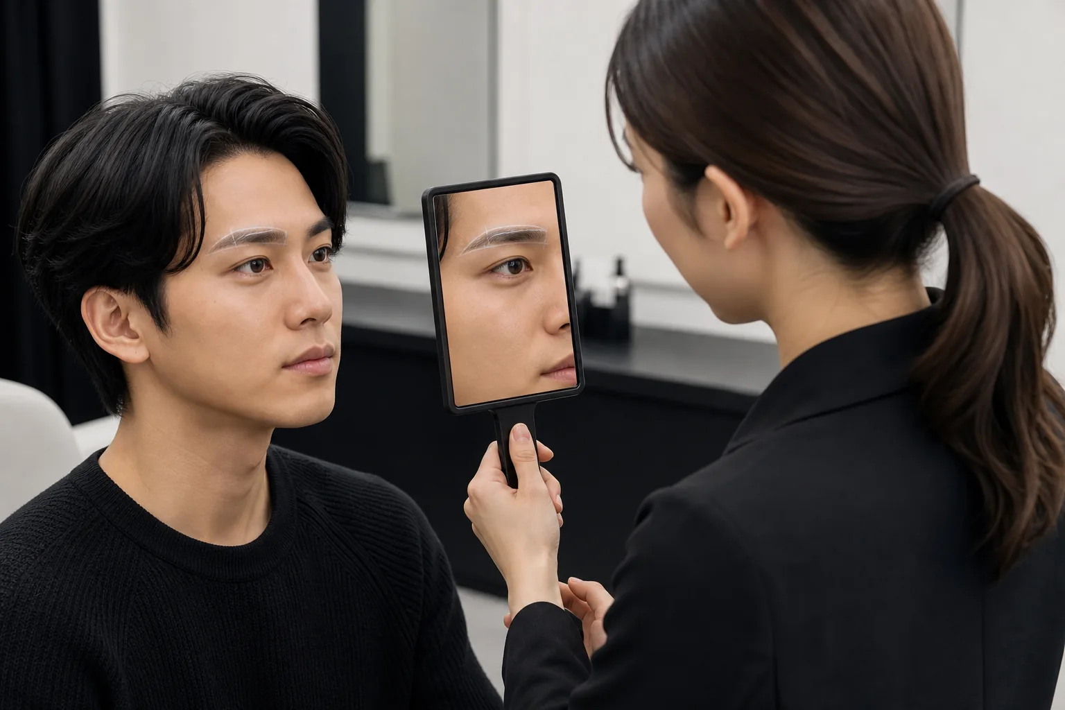 鏡を見ながら似合う眉を確認する男性